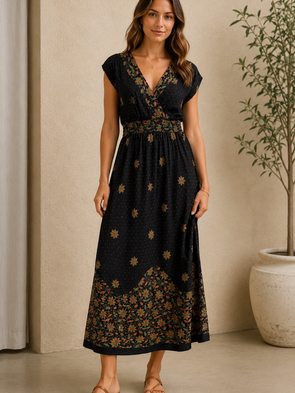 Lapogee Boho Floral Maxi Dress Medium Black Rayon Elastic Waist Pockets V-Neck